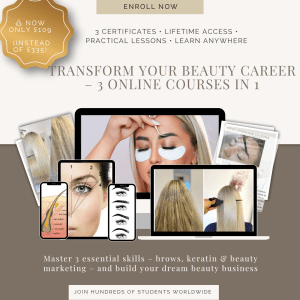 🌟 Pachet 3 Cursuri Online – Stilizare Sprâncene, Îndreptare cu Keratină & Marketing